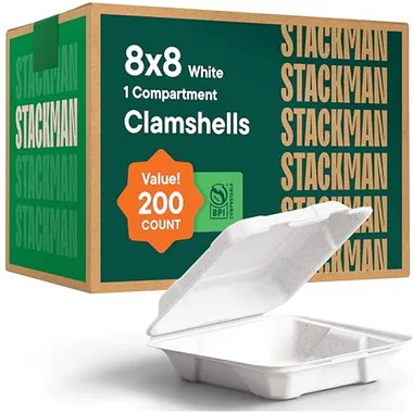 Stack Man 8x8 White Hinged Clamshells, 50-Pack