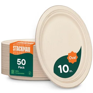 Stack Man 10-Inch Natural Brown Oval Platters, 50-Pack