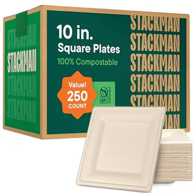 Stack Man 10-Inch Natural Brown Square Plates, 250-Pack