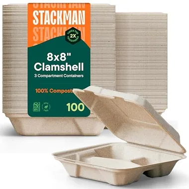 Stack Man 8x8 White 3-Compartment Trays, 100-Pack