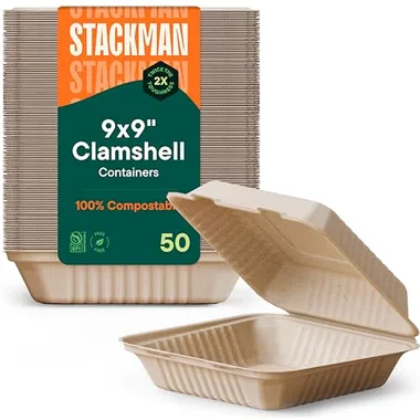 Stack Man 9x9 Hinged Clamshells, 50-Pack