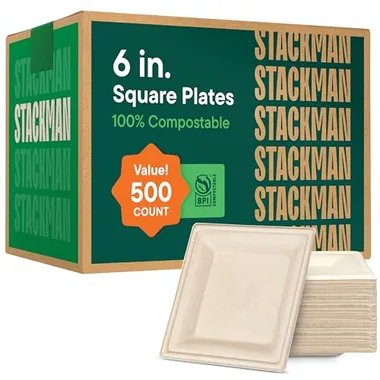 Stack Man 6-Inch Natural Brown Square Plates, 500-Pack