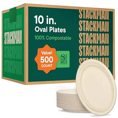 Stack Man 10-Inch Natural Brown Oval Platters, 500-Pack