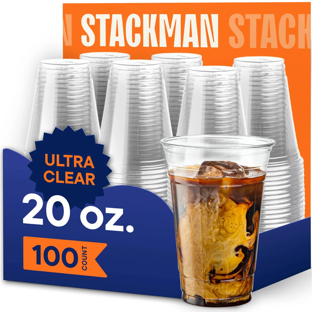 Clear cold cups stacked beside a filled iced drink