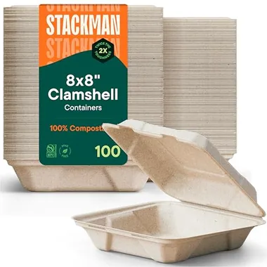 Stack Man 8x8 White Hinged Clamshells, 100-Pack