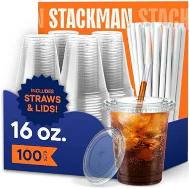 Stack Man 16 oz Cup, Lid & Straw Sets, 100-Pack