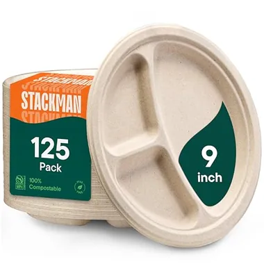 Stack Man 9-Inch 3-Compartment Trays, 125-Pack