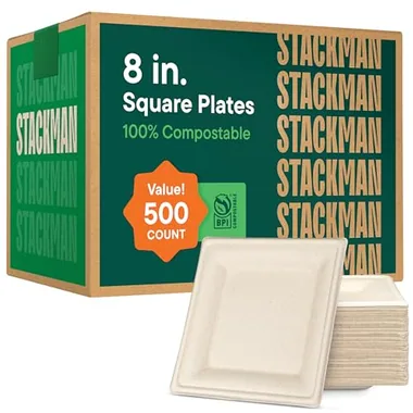 Stack Man 8-Inch Natural Brown Square Plates, 500-Pack