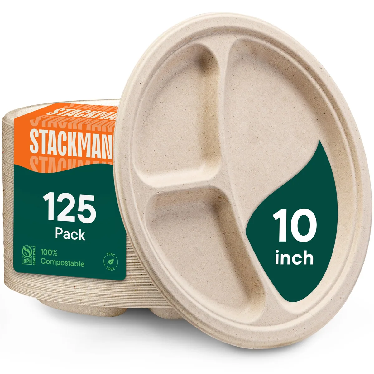 A three compartment bagasse plate